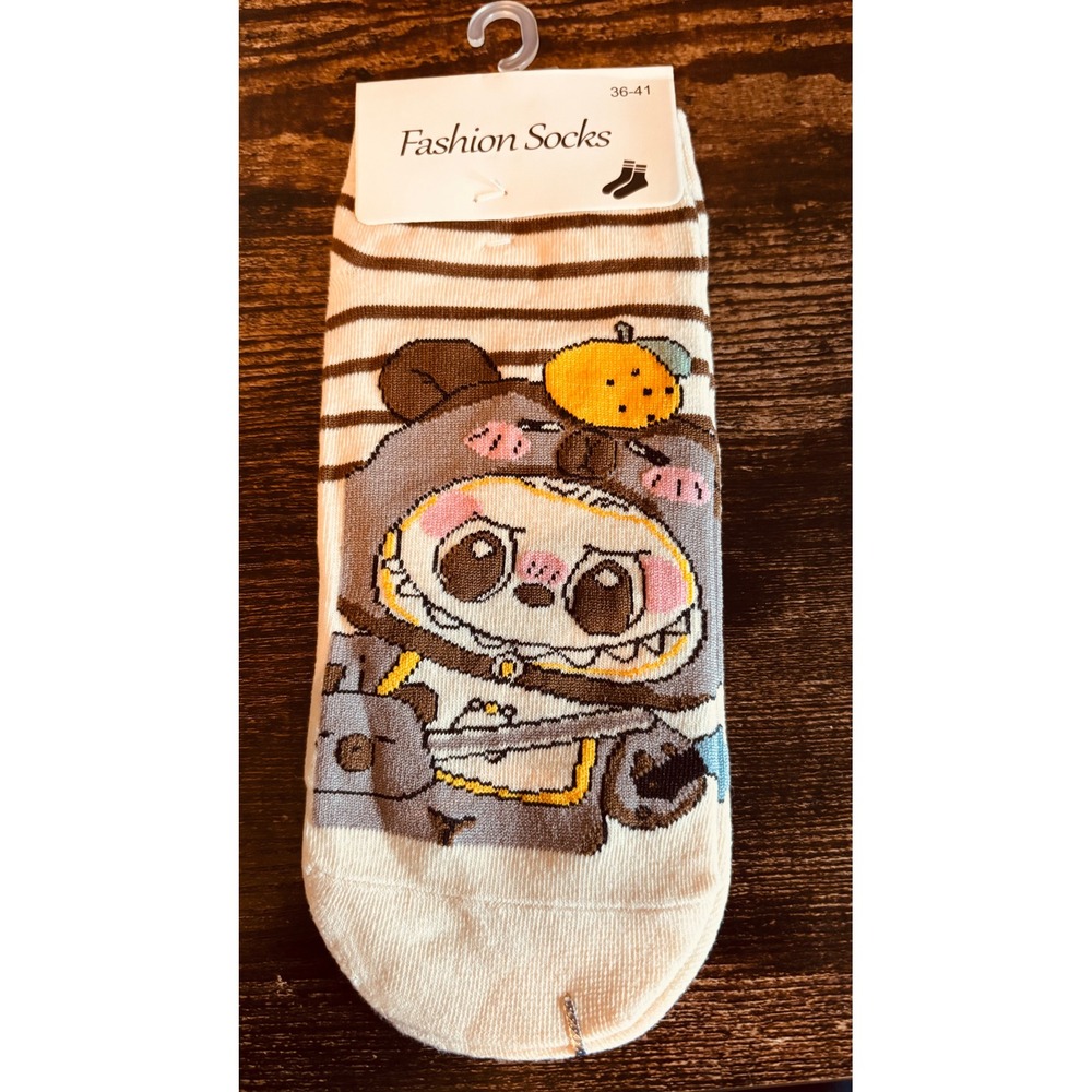 Labubu Character Graphic Socks Cream Brown Striped Costume Art Toy Accessory